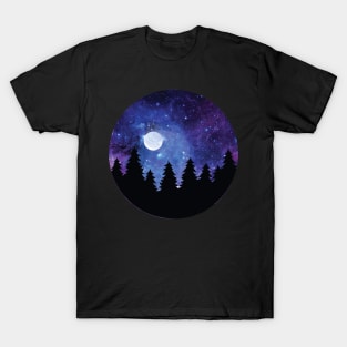Night sky, Pine tree, Galaxy, Forest, Full Moon, Camping T-Shirt